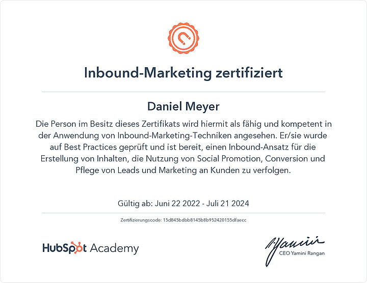 HubSpot Inbound-Marketing zertifiziert - Daniel Meyer