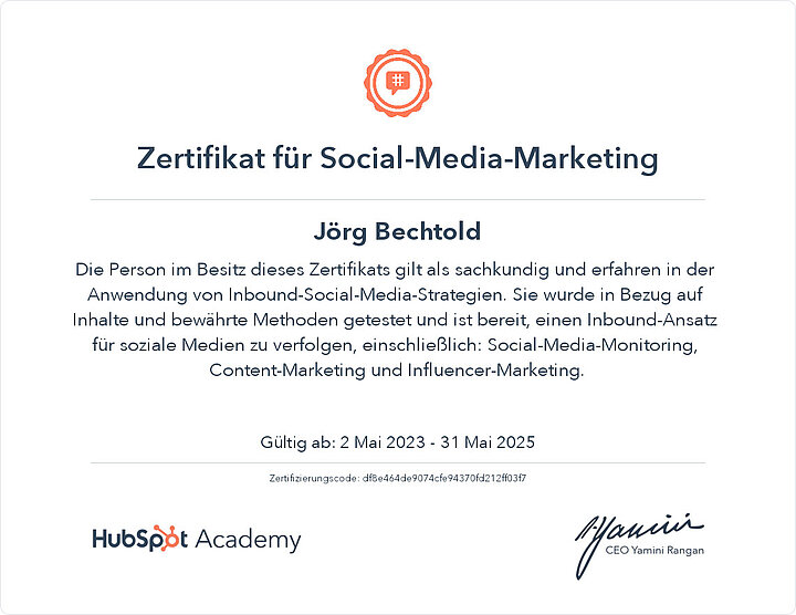 HubSpot Social Media Marketing zertifiziert Jörg Bechtold
