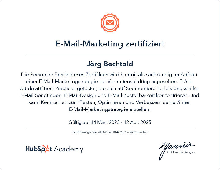 HubSpot E-Mail Marketing zertifiziert Jörg Bechtold